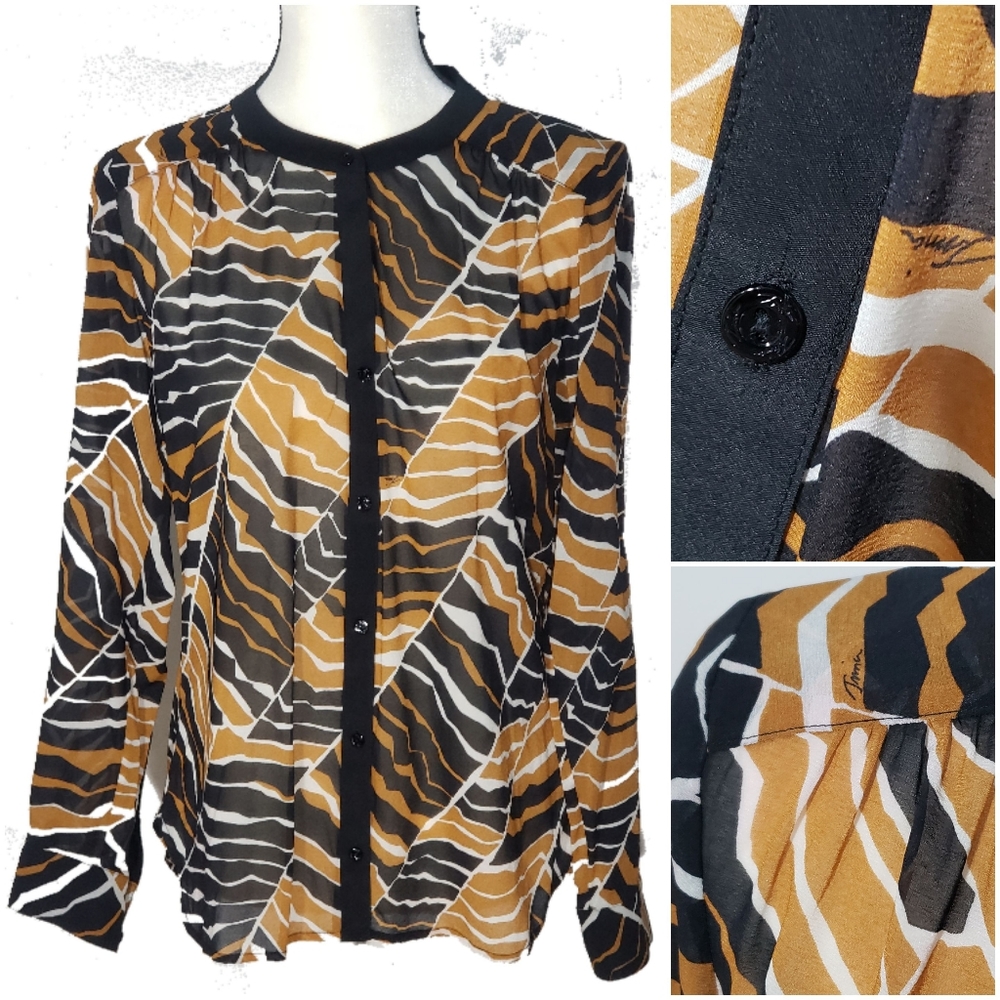 Trina Turk Womens Button Up Shirt Black Mustard